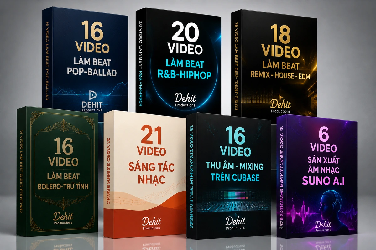 Combo 7 khoá học làm nhạc DEHIT — 7 hộp khoá học Pop Ballad, R&B Hiphop, Remix House EDM, Bolero, Sáng tác, Thu âm Cubase, Suno AI